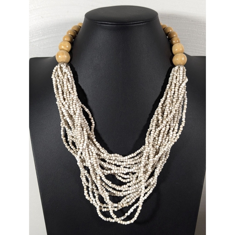 Beachy Boho Tanโ Cream Glass Bead Multi Strand Statement Necklace 18"